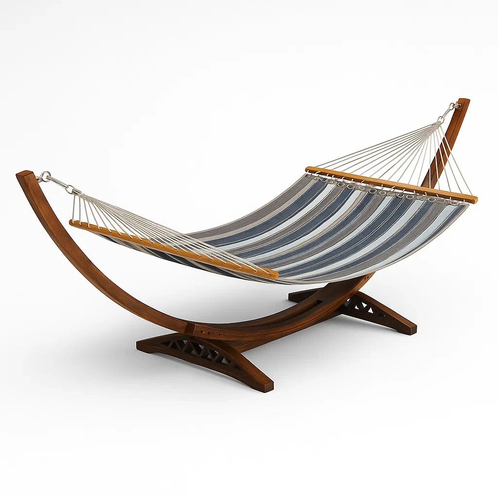 Amaca con Supporto in Legno e Tessuto a Righe Blu e Grigie