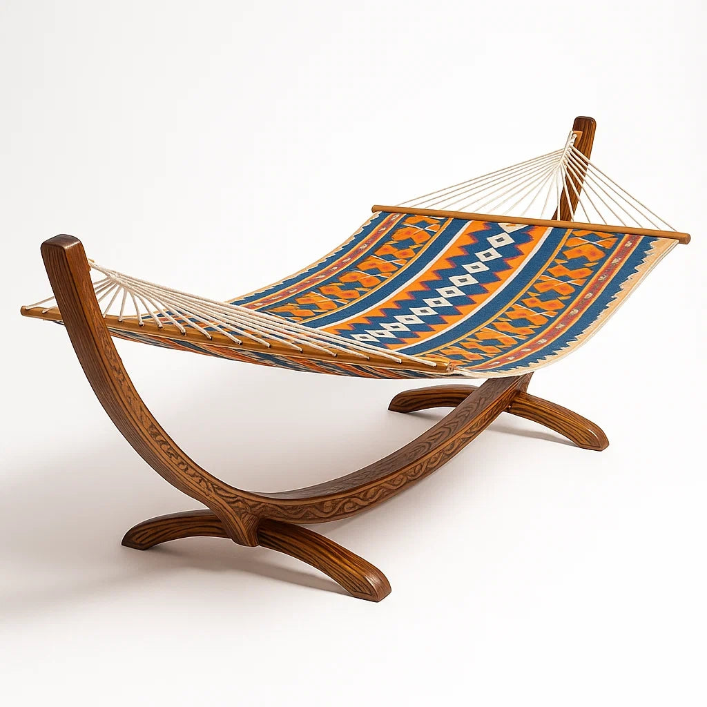 Amaca con Supporto in Legno Massello Intagliato e Cotone Multicolore
