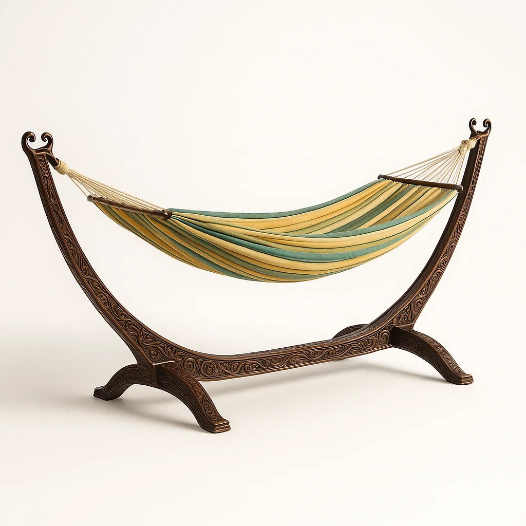 Amaca con Supporto Intagliato in Legno e Tessuto in Cotone Verde e Giallo