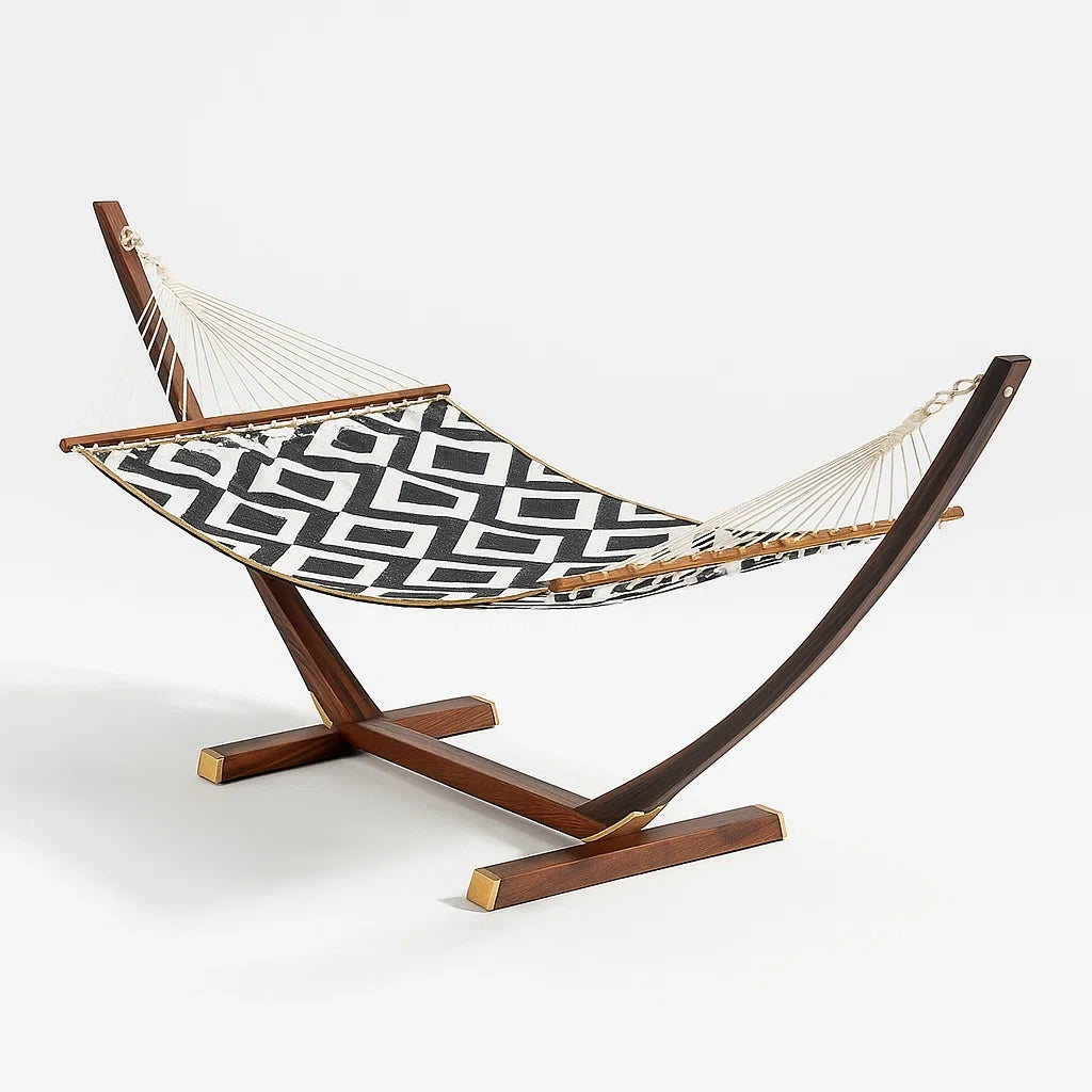 Amaca in cotone con supporto in legno, motivo geometrico bianco e nero, 200 cm