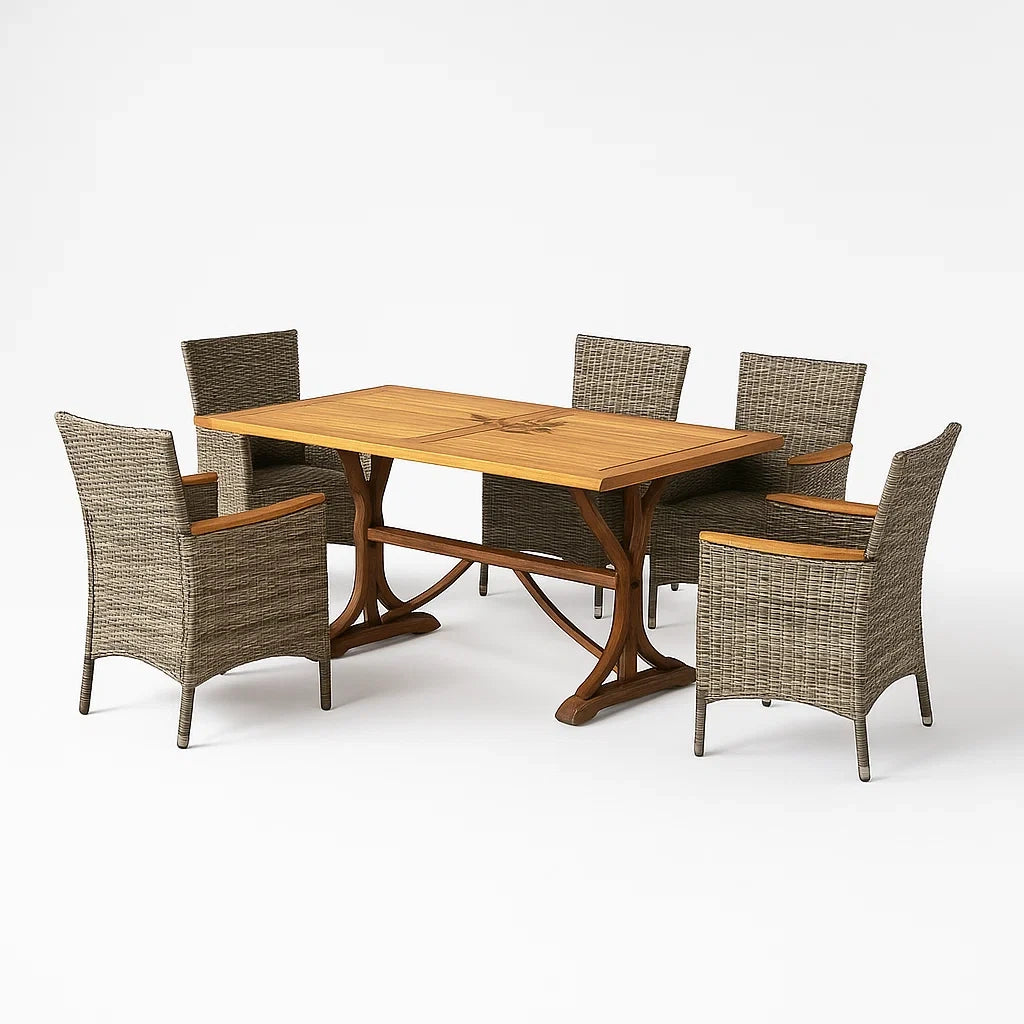 Set Tavolo da Pranzo in Legno e Sedie in Rattan Sintetico