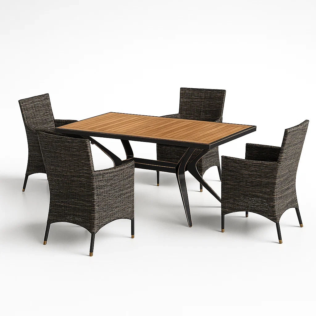 Set Tavolo da Pranzo in Acciaio e Rattan Sintetico con Piano in Bambù