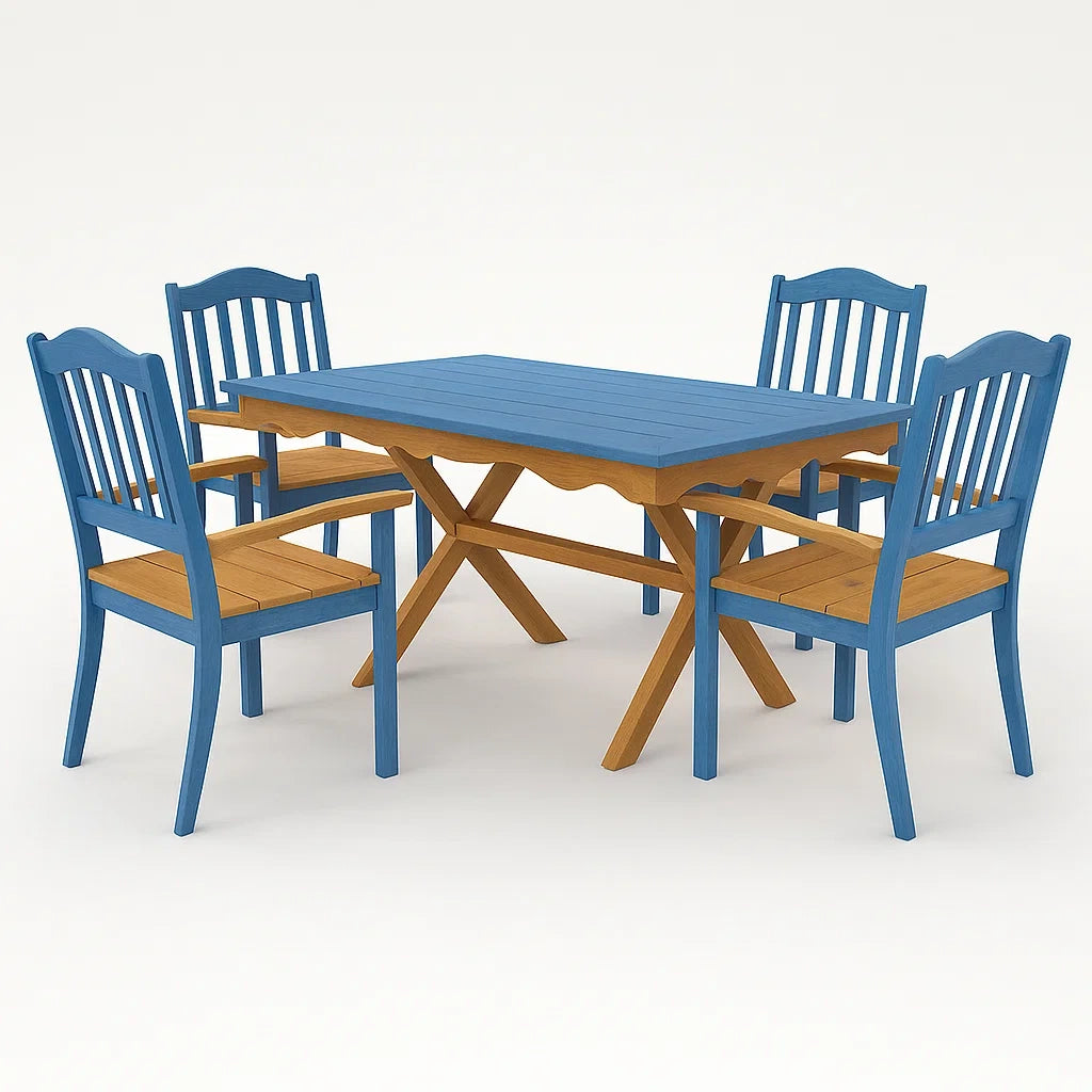 Set Tavolo e 4 Sedie in Legno Blu e Marrone per Esterni
