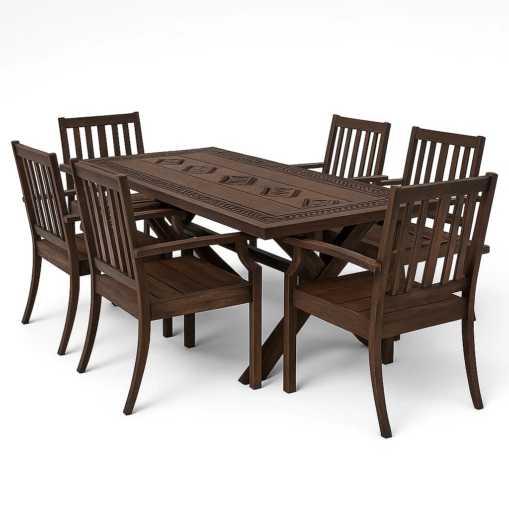 Set da Pranzo in Legno Massello Marrone con 6 Sedie
