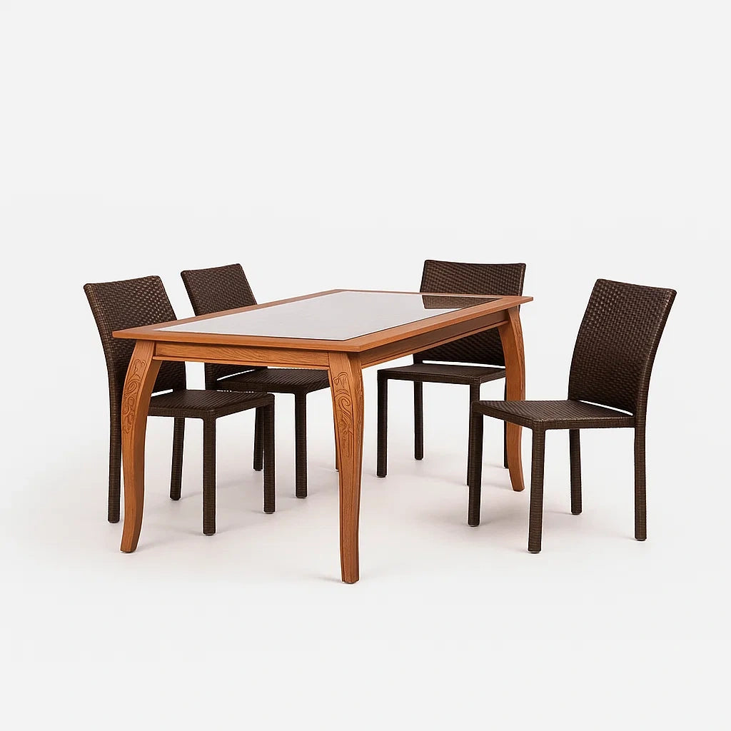 Set da Pranzo in Legno con Piano in Vetro Temperato e Sedie in Rattan Sintetico