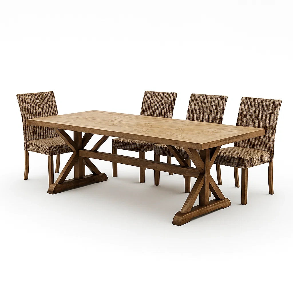 Set Tavolo da Pranzo Rettangolare in Legno con 4 Sedie in Rattan