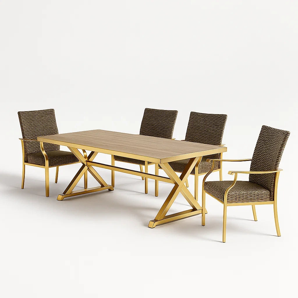 Set da Pranzo 5 Pezzi in Alluminio con Sedie in Rattan