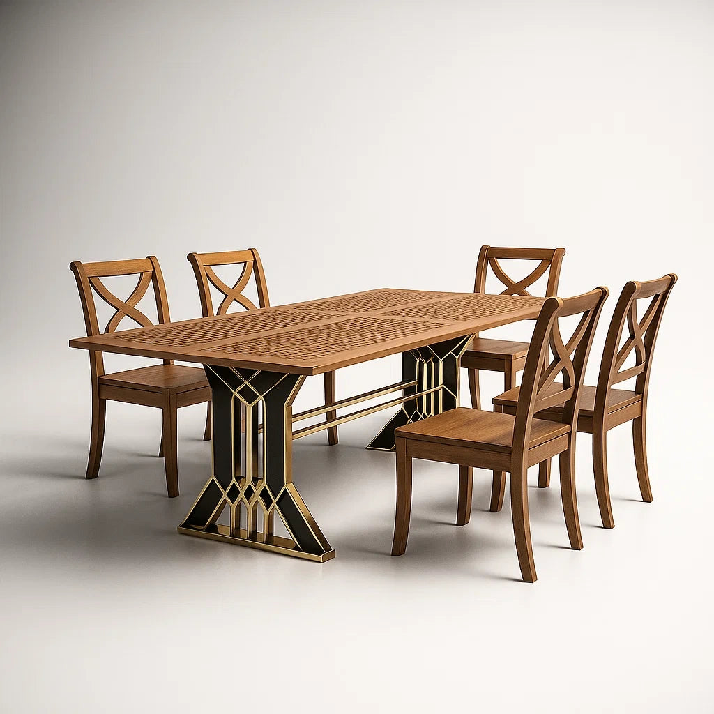 Set da Pranzo in Legno e Metallo con Tavolo Rettangolare e 4 Sedie