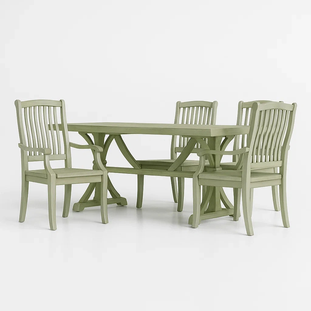 Set sala da pranzo in legno verniciato verde con tavolo e 4 sedie