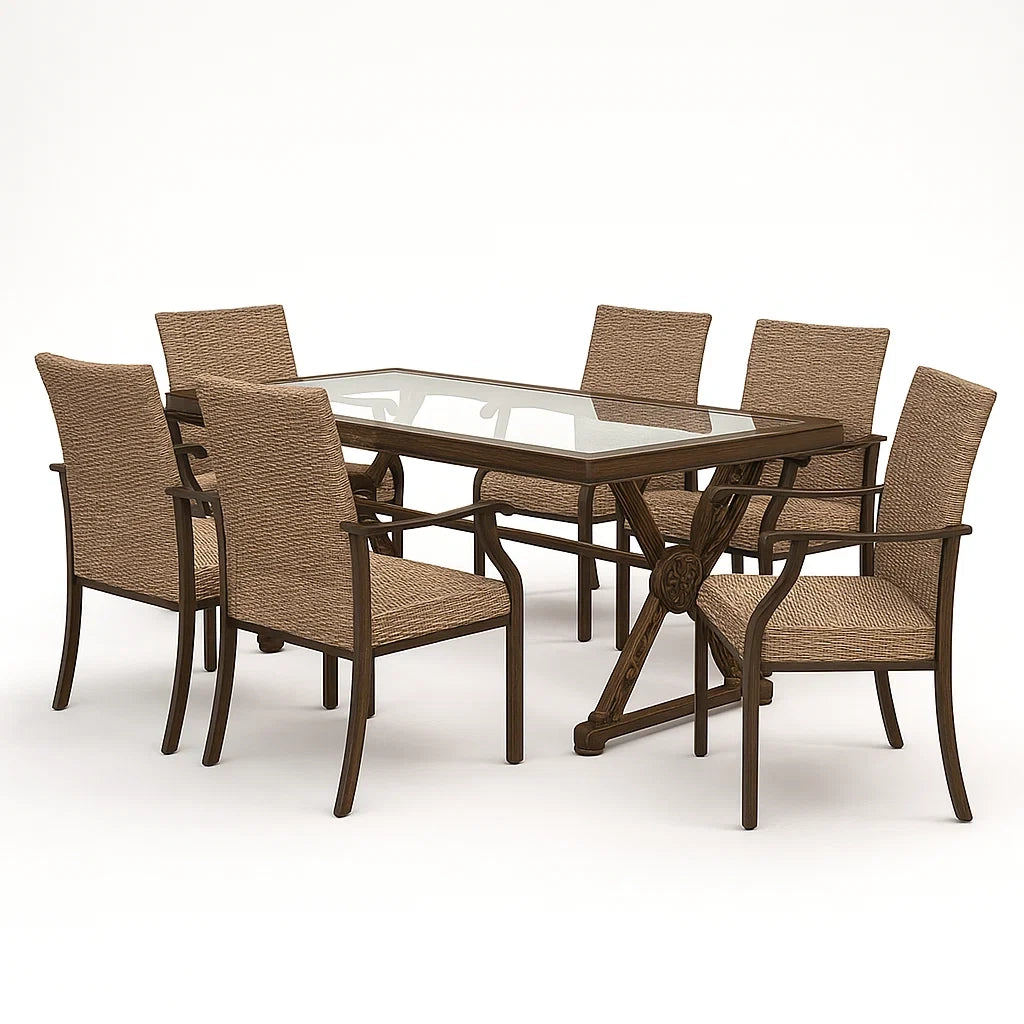Set da Pranzo con Tavolo in Vetro Temperato e Sedie in Rattan e Metallo