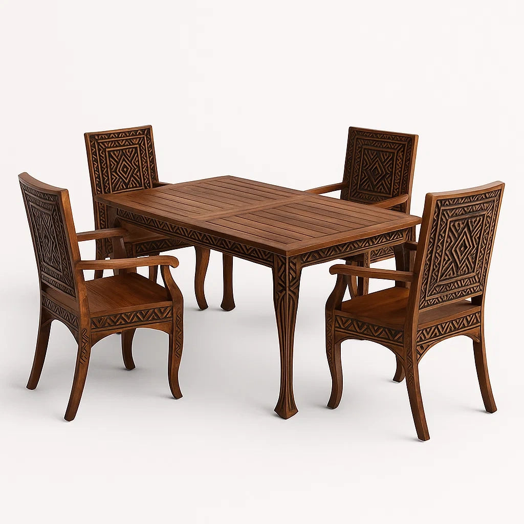 Set da Pranzo in Legno Massello Intagliato Marrone