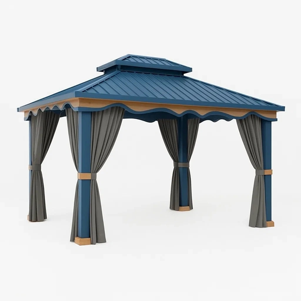Gazebo da Giardino in Acciaio Blu con Tende in Poliestere Grigio 3x4m