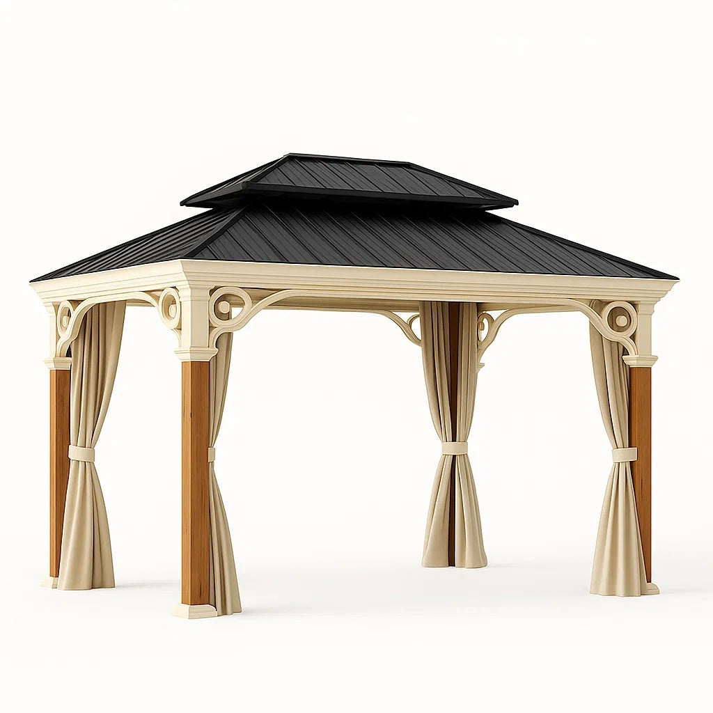 Gazebo in Legno e Metallo con Tende in Poliestere