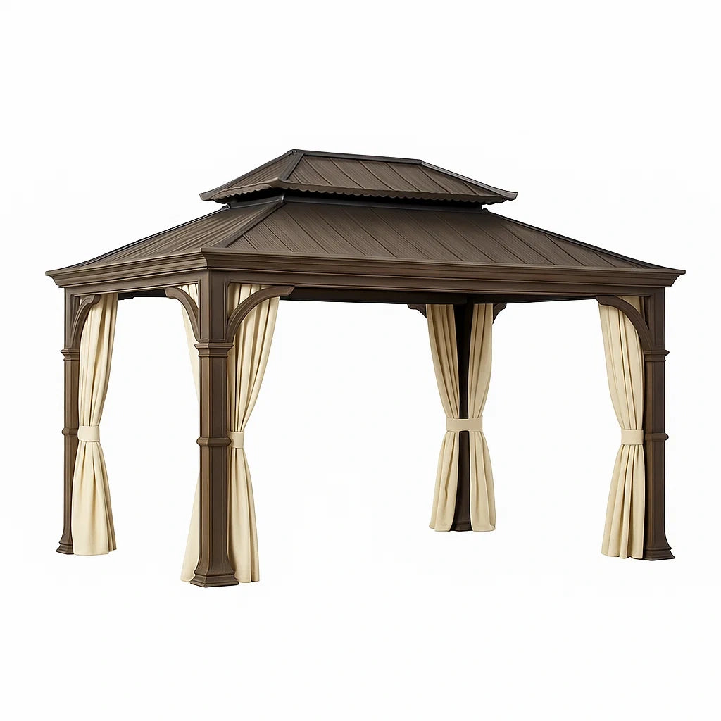 Gazebo da Esterno in Metallo con Tetto in Policarbonato e Tende in Poliestere