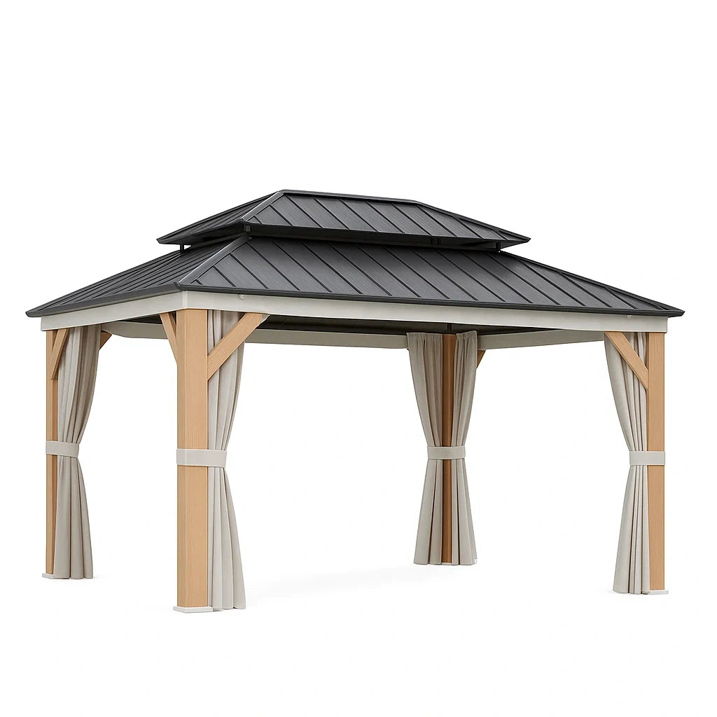 Gazebo in alluminio con tetto in acciaio e tende in poliestere
