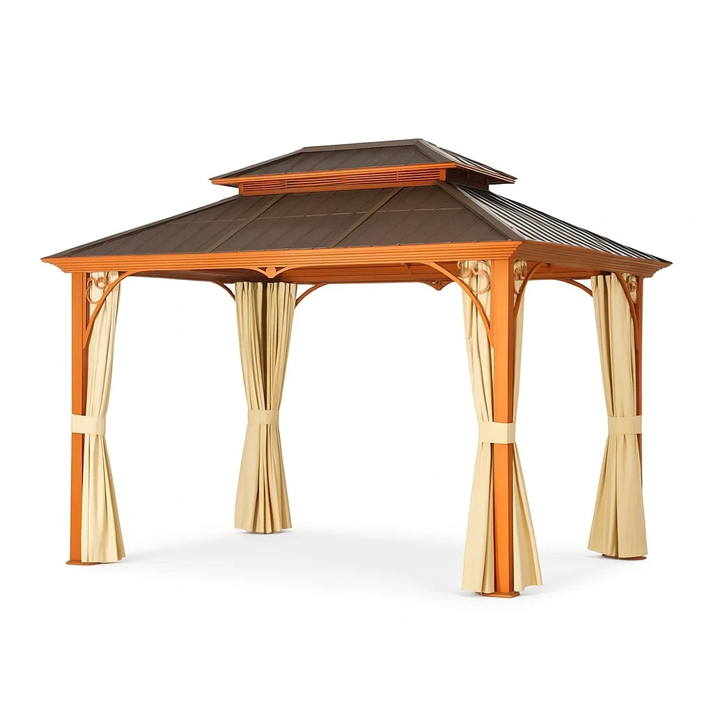 Gazebo da Giardino in Alluminio con Tetto in Acciaio e Tende Beige 3x3m