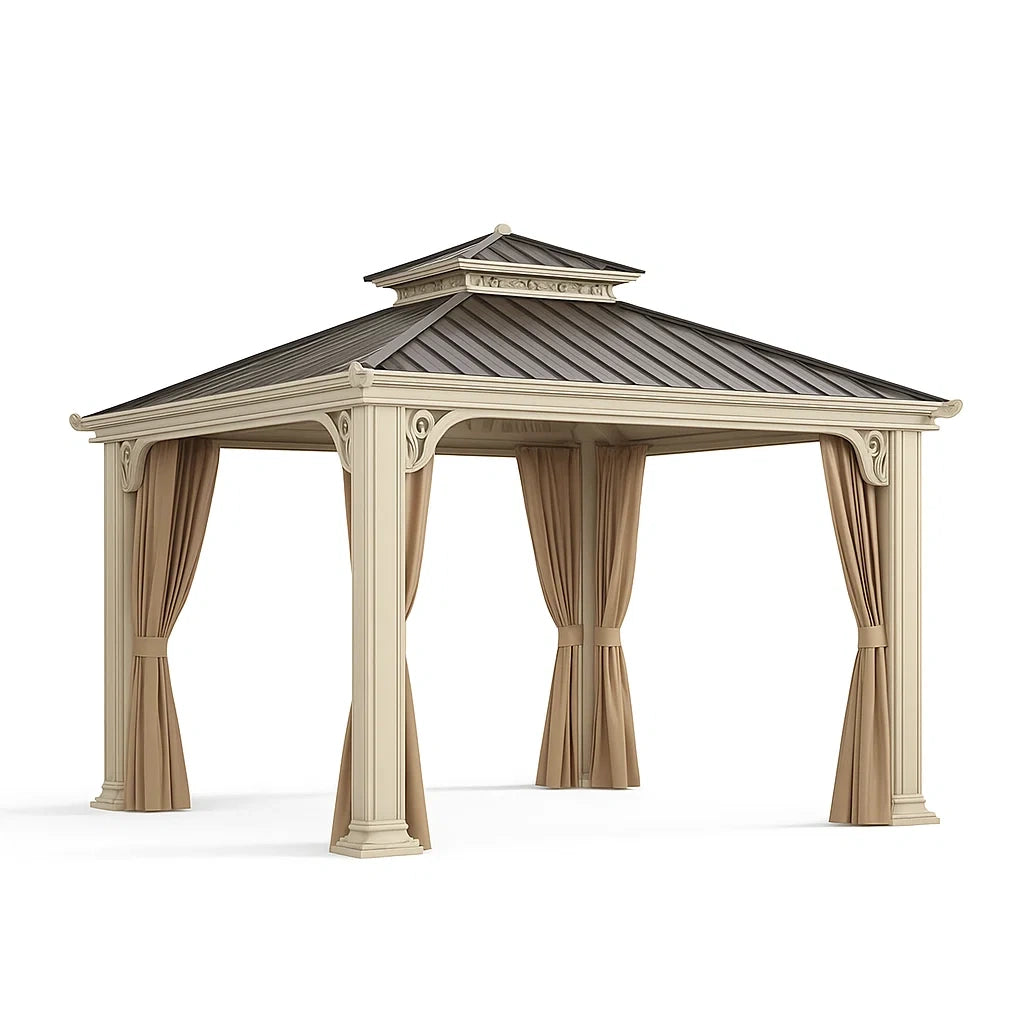 Gazebo in Metallo con Tetto in Alluminio e Tende Beige