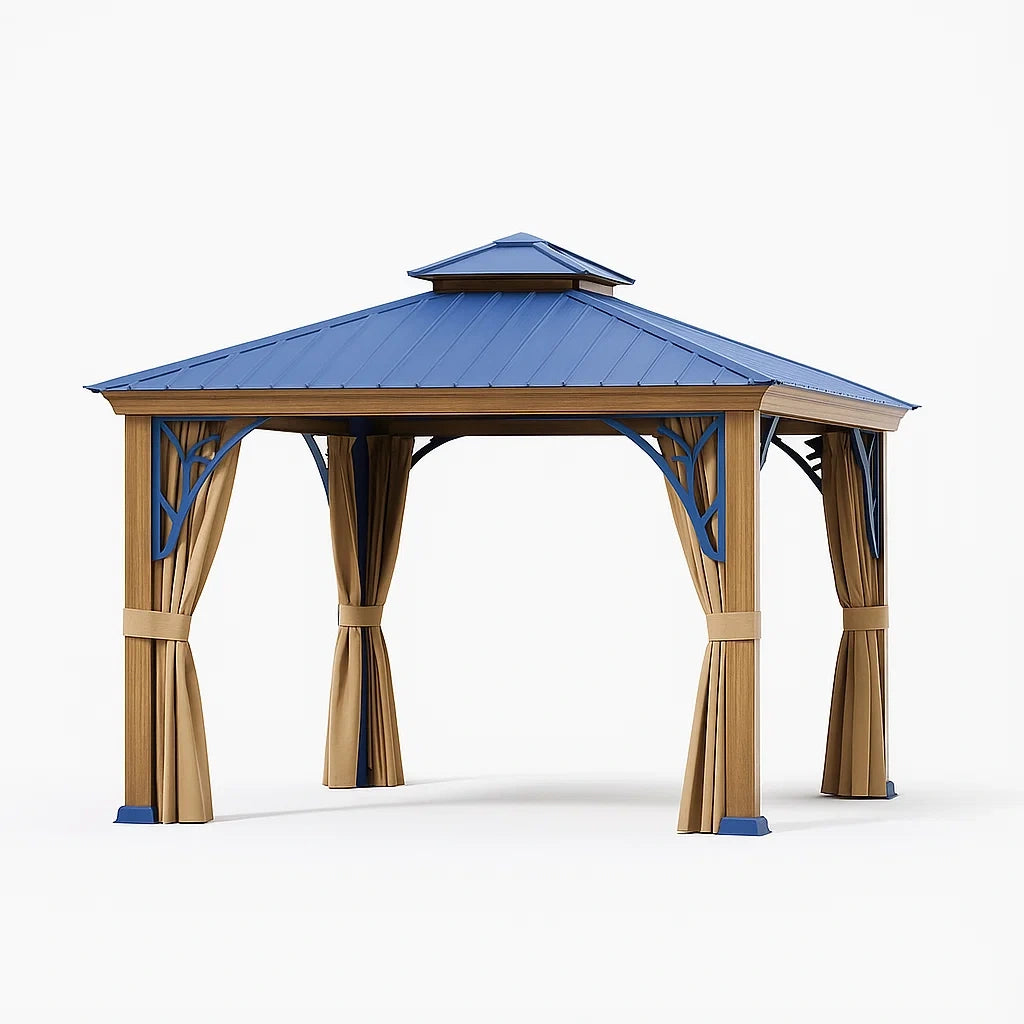 Gazebo da Giardino in Metallo Blu con Struttura in Legno 3x3m
