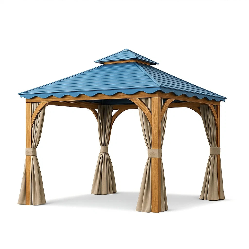 Gazebo da Giardino in Legno con Tetto in Acciaio e Tende in Poliestere