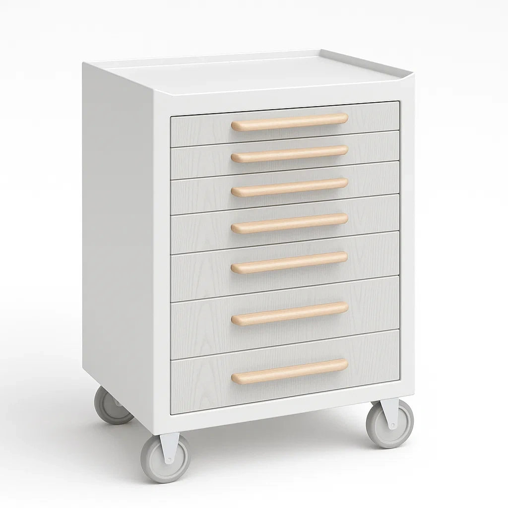 Cassettiera in MDF con 7 cassetti e maniglie in legno su ruote
