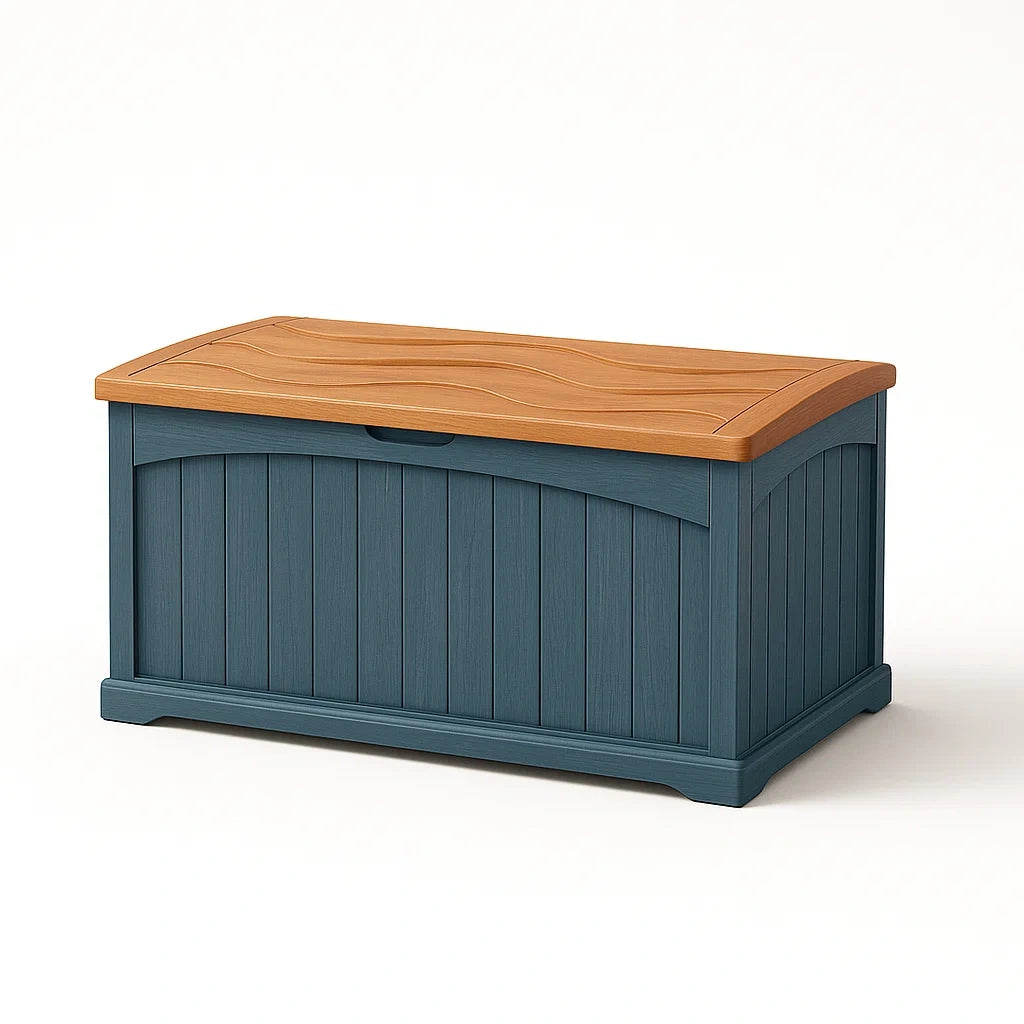 Baule da Giardino in Resina Blu e Effetto Legno