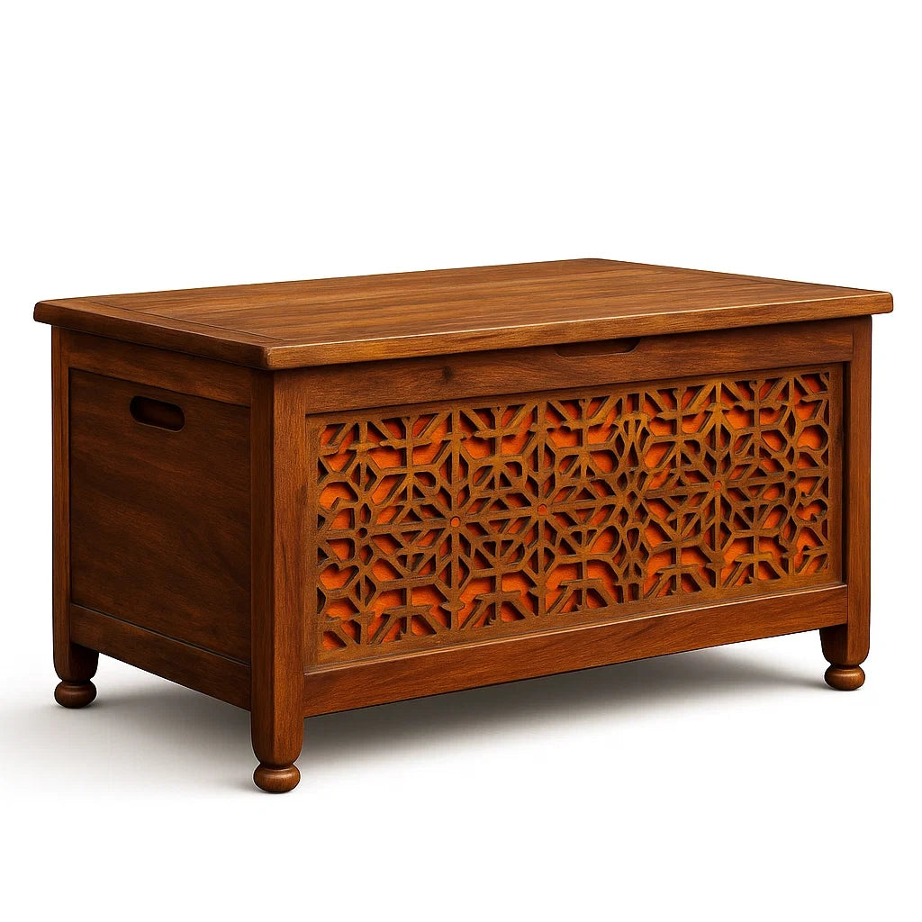 Cassapanca in Legno di Teak Intagliato 80cm x 40cm x 45cm