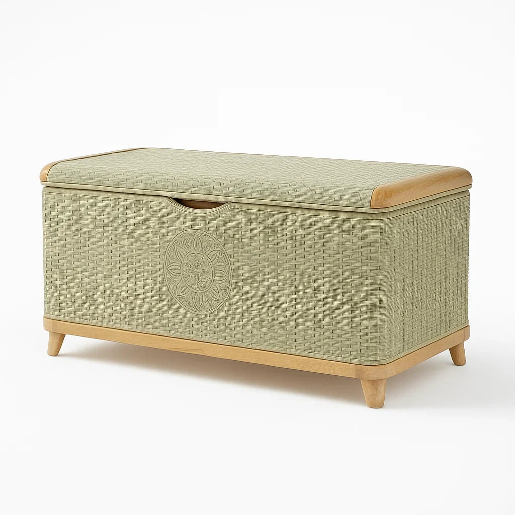 Panca contenitore in rattan sintetico con dettagli in legno