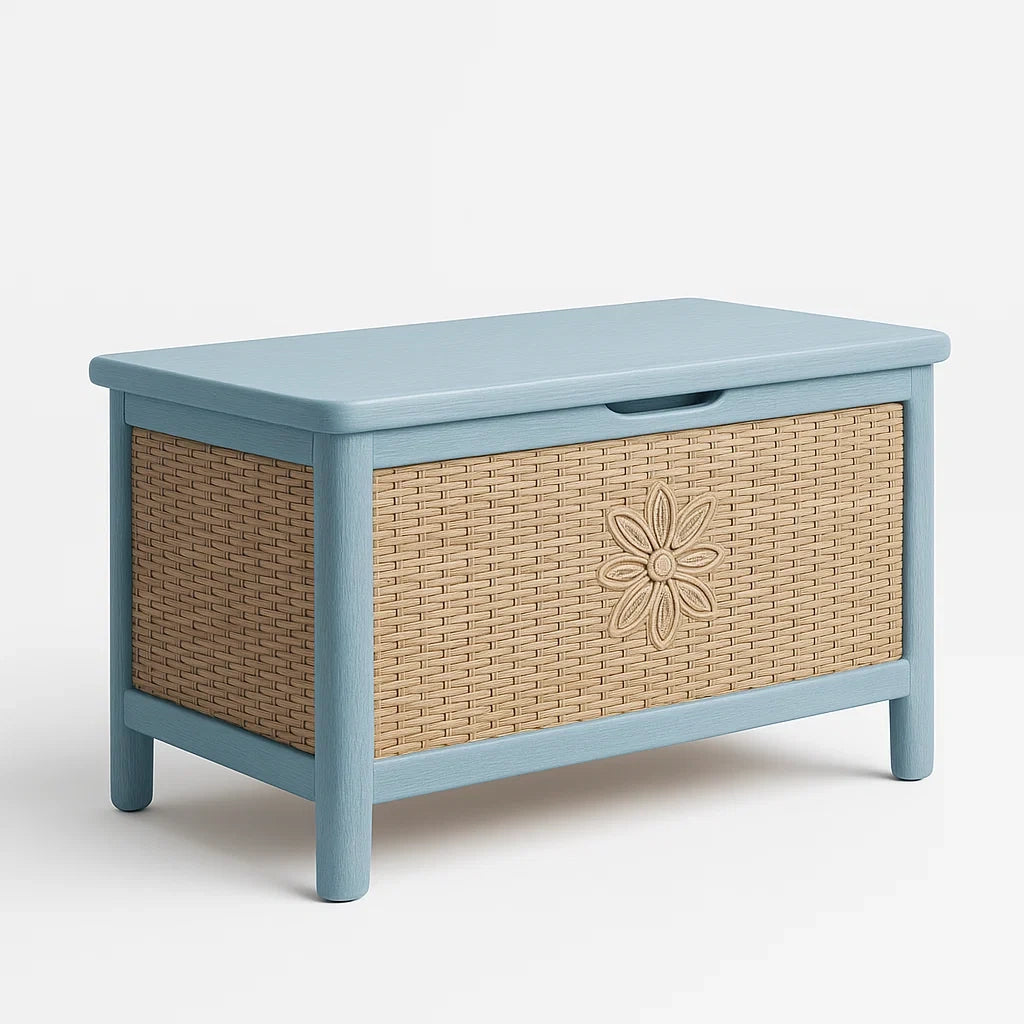 Cassapanca in Legno e Rattan Intrecciato Azzurro