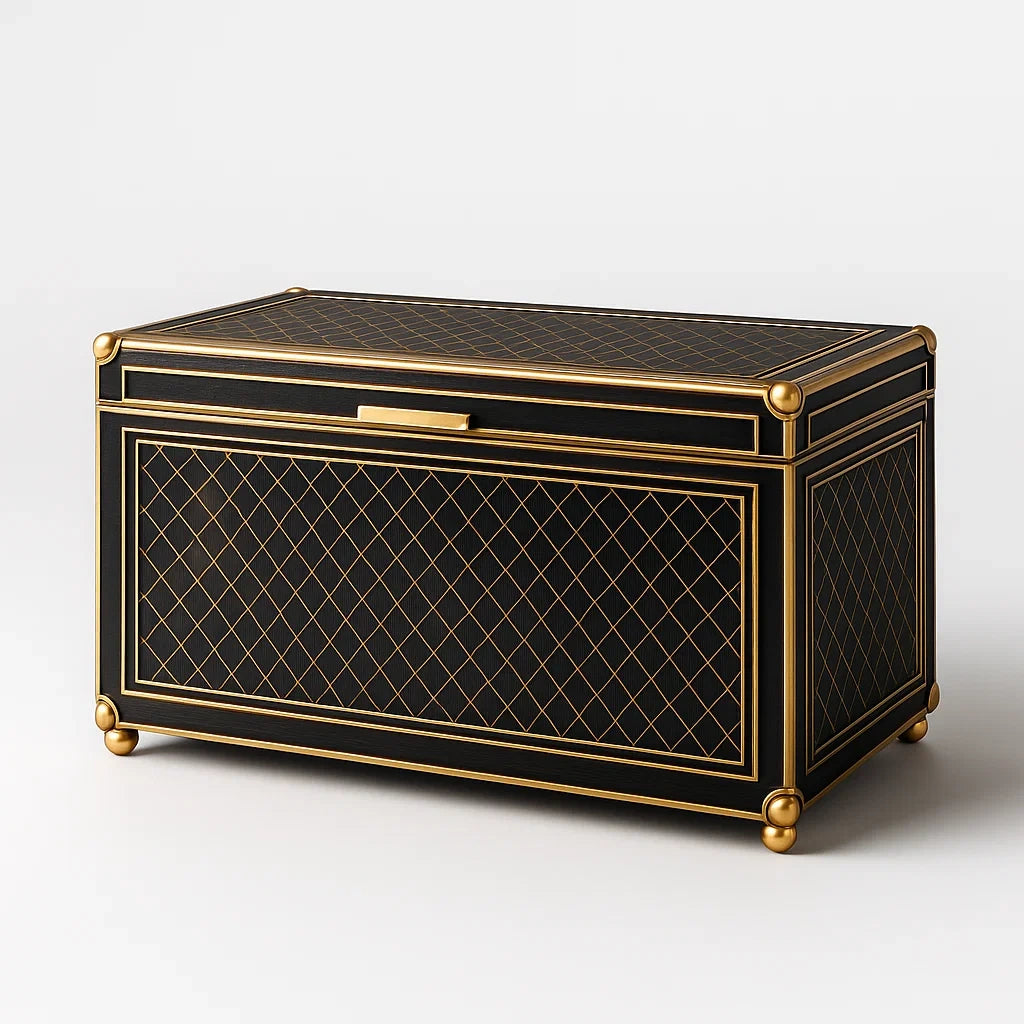 Baule Rettangolare in Legno e Metallo Nero e Oro 80x40x45 cm