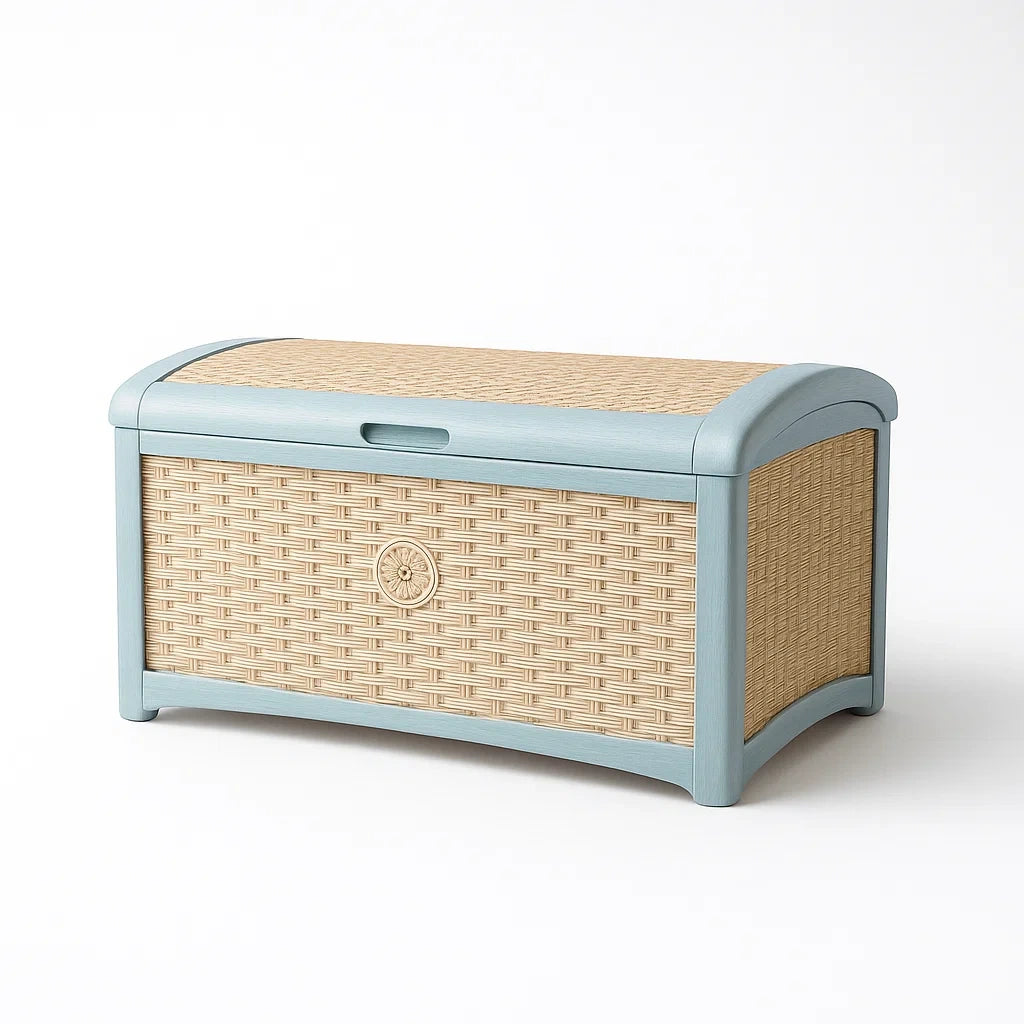 Cassapanca in Resina Intrecciata Stile Rattan Beige e Azzurro 120x50x60 cm