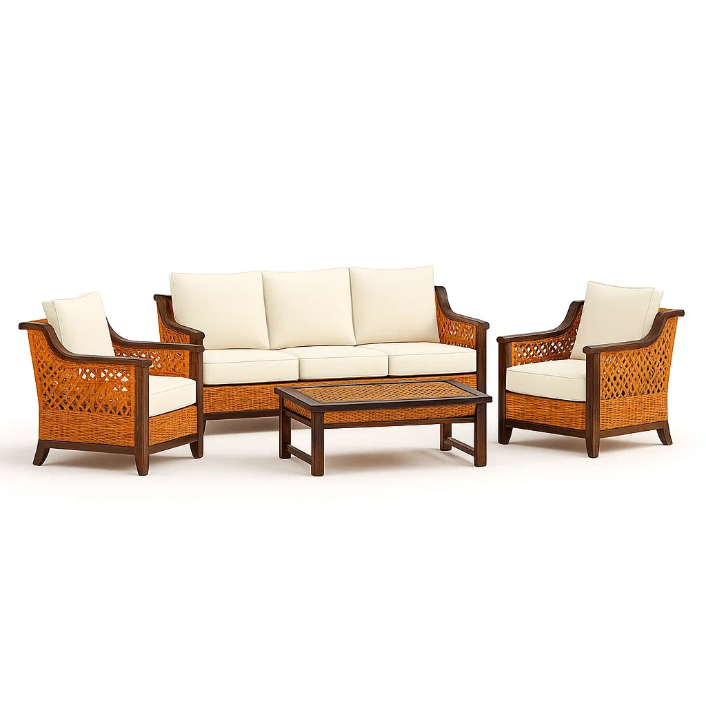 Set Salotto in Legno e Rattan Sintetico con Cuscini Beige