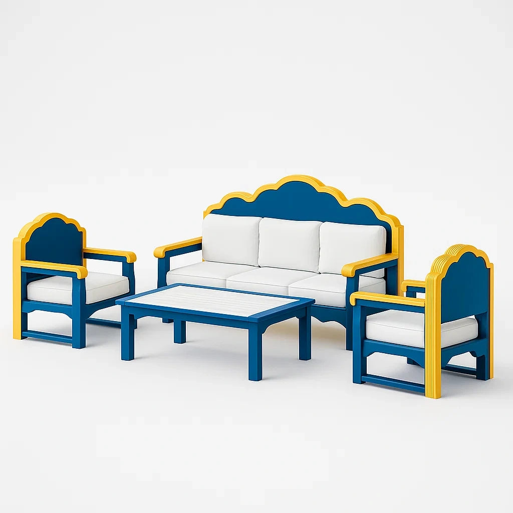 Set salotto esterno in legno blu e giallo con cuscini bianchi