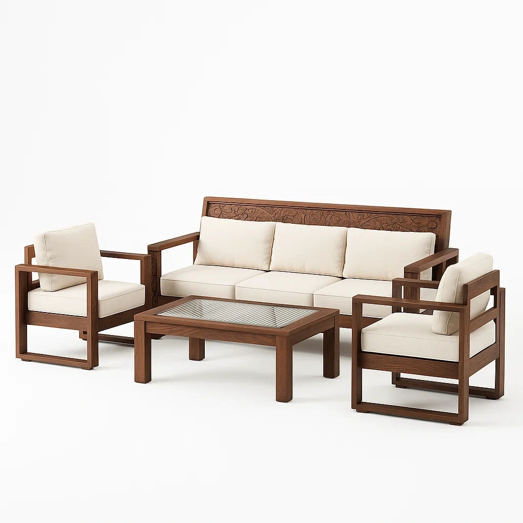 Set salotto da giardino in legno con cuscini in tessuto crema