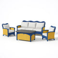 Set divano da esterno in rattan blu e giallo con tavolino
