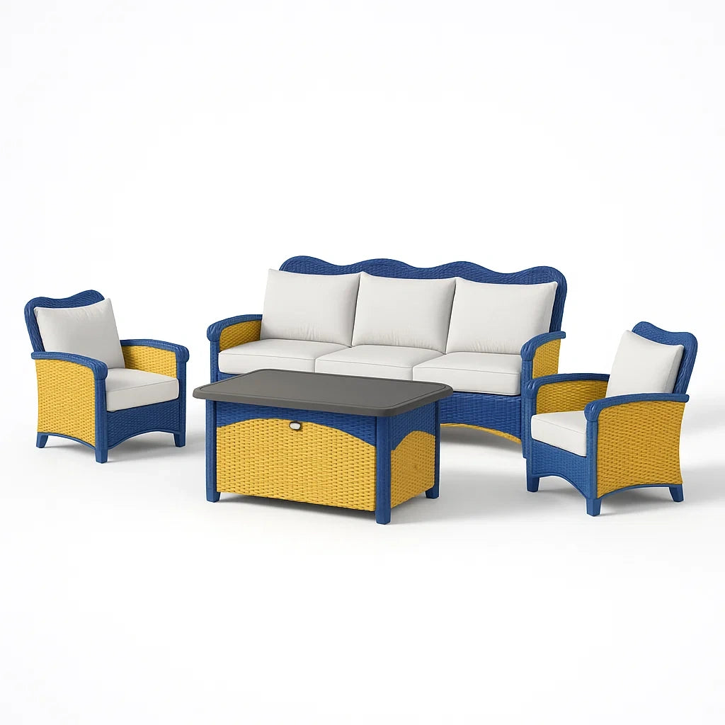 Set divano da esterno in rattan blu e giallo con tavolino