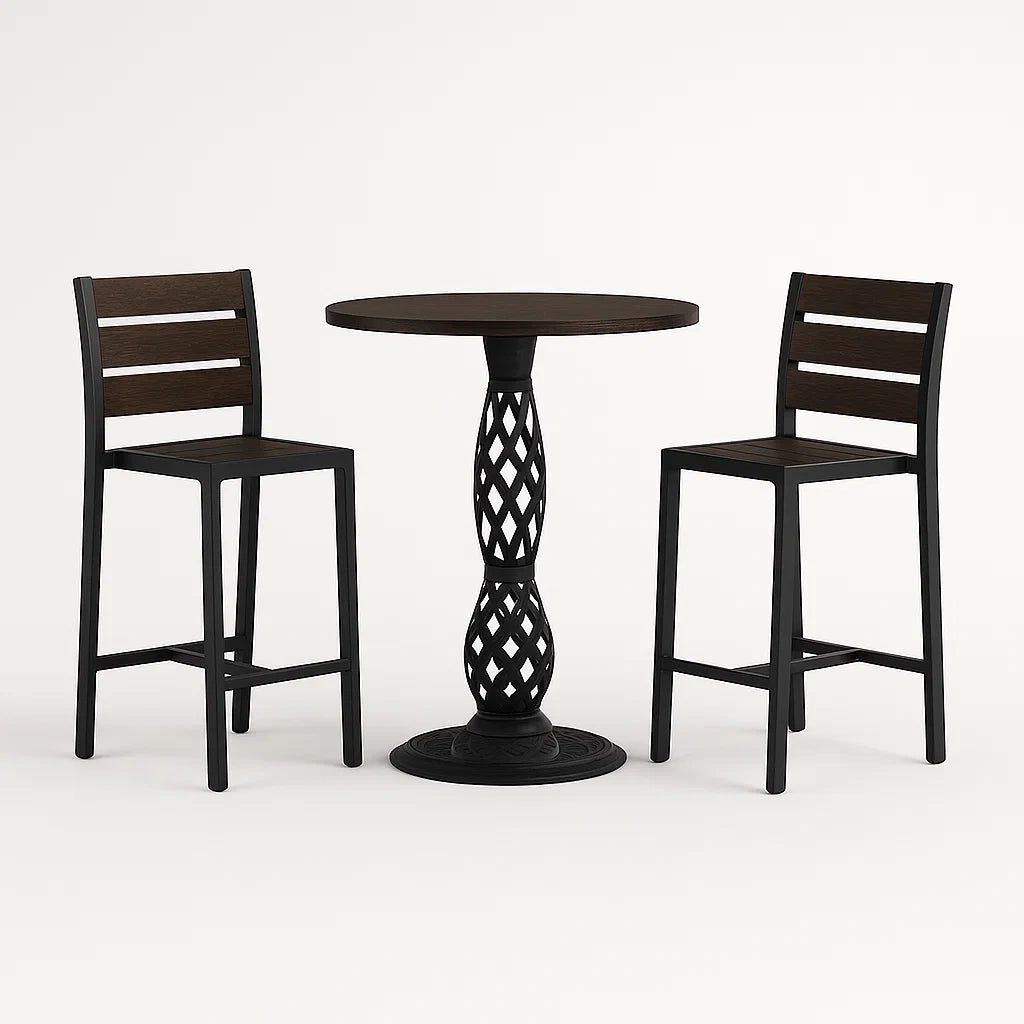 Set Tavolo Rotondo con 2 Sedie da Bar in Metallo e Legno di Acacia