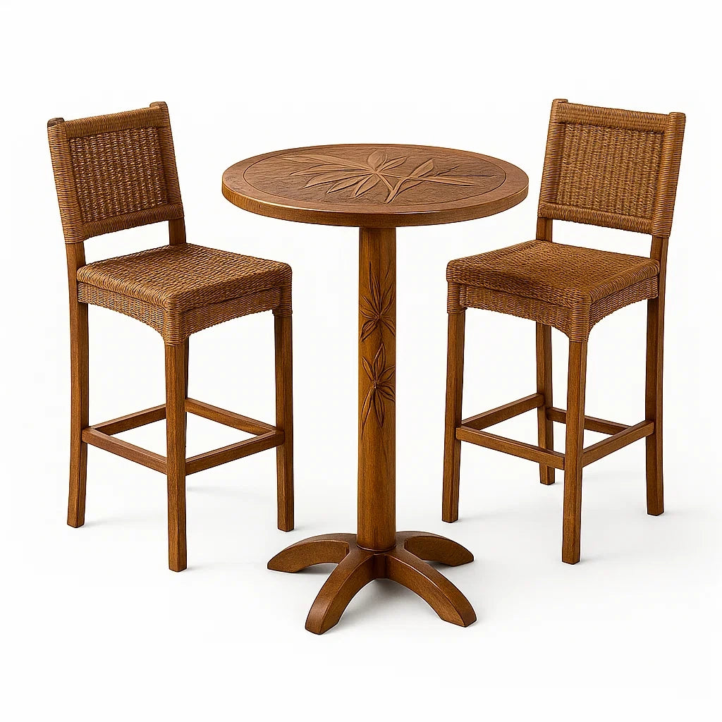 Set tavolo e sedie in legno e rattan naturale