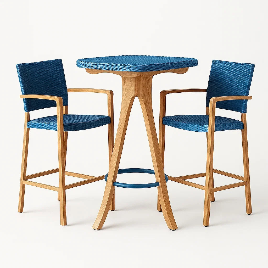 Set tavolo e sedie da bar in legno e rattan sintetico Blu