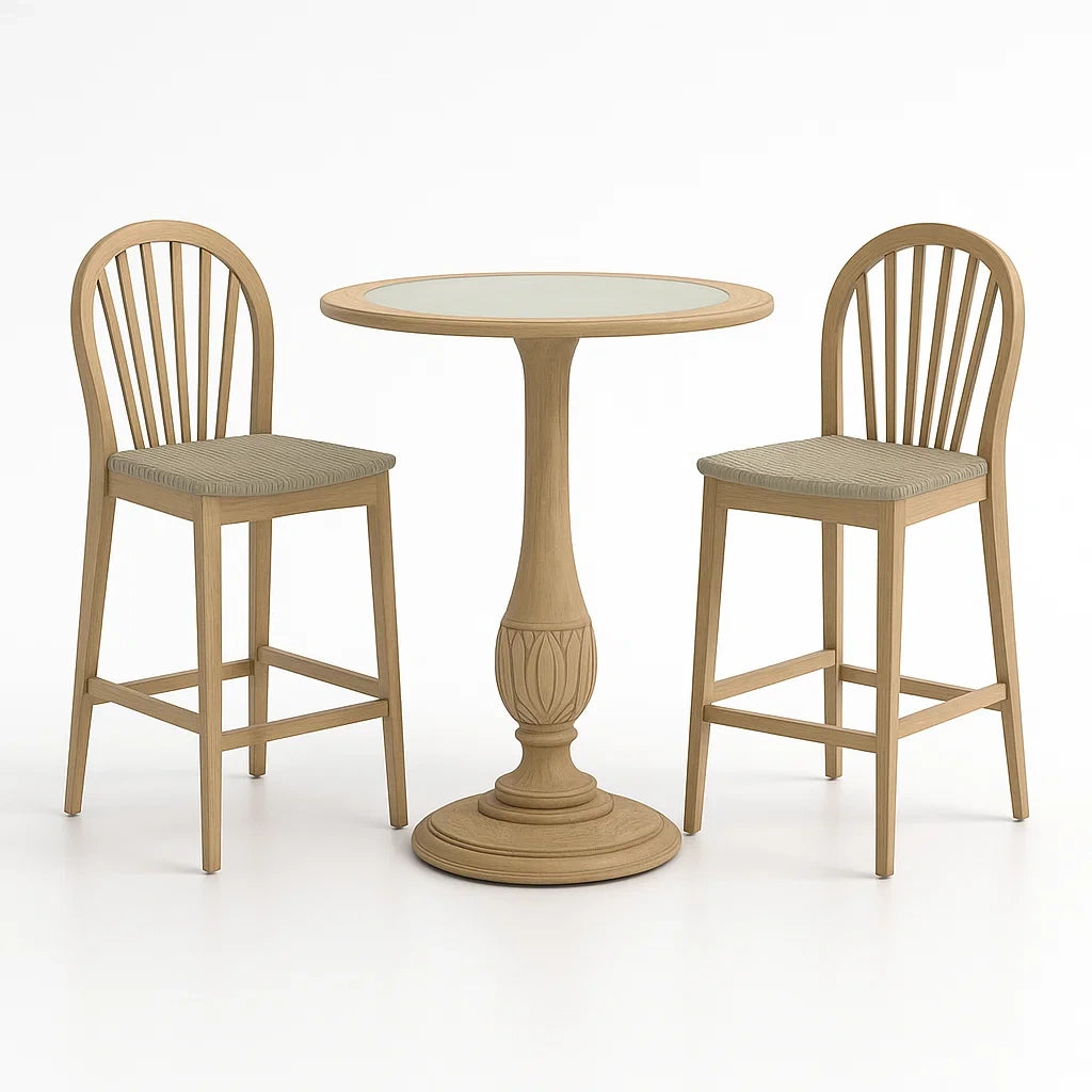 Set tavolo da bar con 2 sgabelli in legno e vetro temperato, Beige