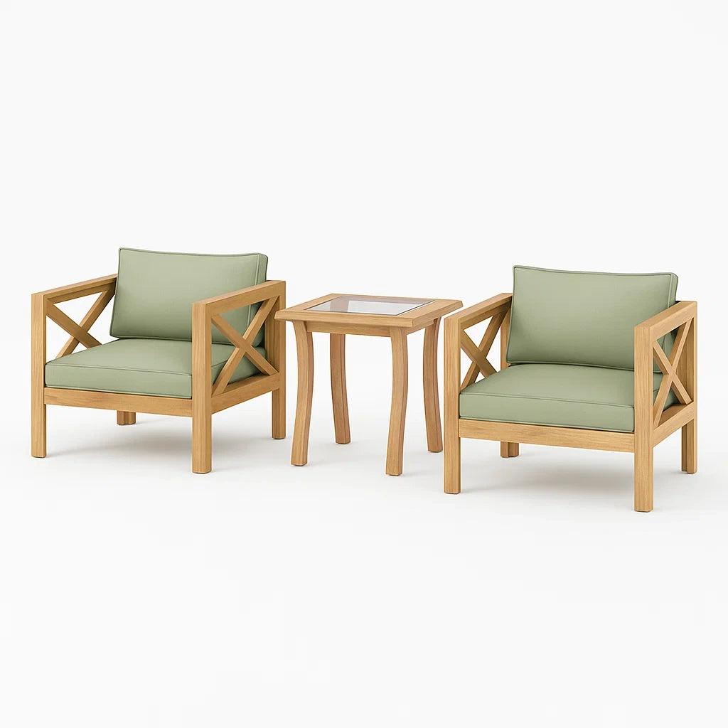 Set di Sedie in Legno con Cuscini in Verde e Tavolino in Vetro