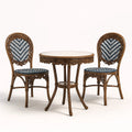 Set tavolo rotondo con 2 sedie in legno intagliato e tessuto blu