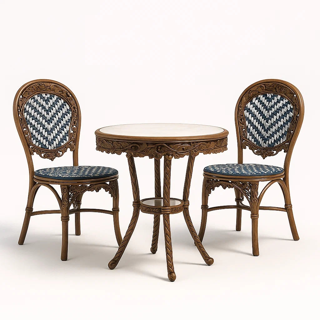 Set tavolo rotondo con 2 sedie in legno intagliato e tessuto blu