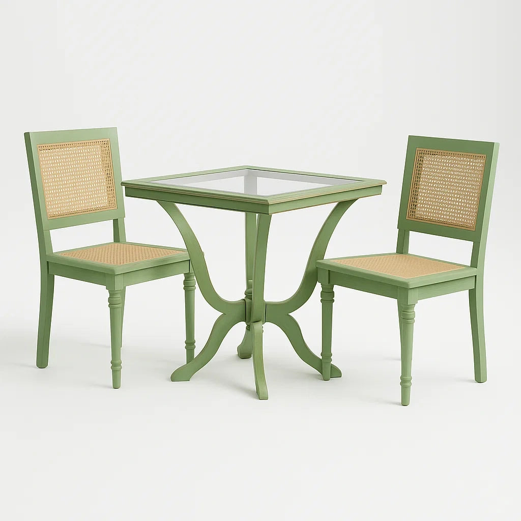 Set tavolo quadrato in legno e vetro con 2 sedie in rattan verde