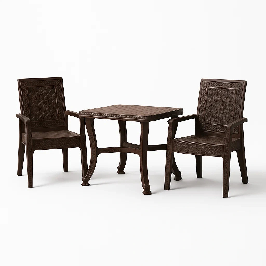 Set tavolo e sedie da esterno in plastica marrone