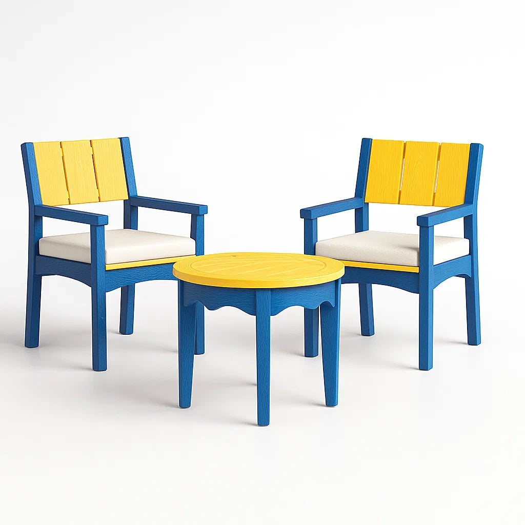 Set da Giardino in Legno con 2 Sedie e Tavolino Rotondo Giallo/Blu